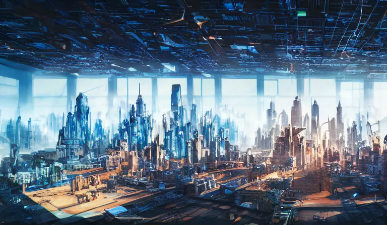 Image similar to large group of people in simple warehouse, looking at hologram of futuristic city on a table, cinematic concept art, godrays, golden hour, natural sunlight, 4 k, clear details, tabletop model buildings, center model buildings, hologram center, crane shot, crane shot, crane shot