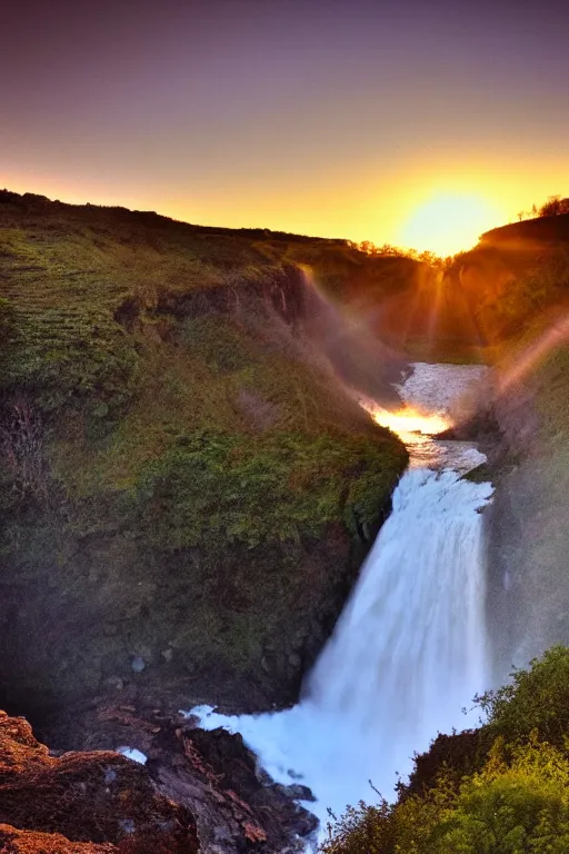 Image similar to the ends of the earth where a waterfall sat i drew in my first and last breath. beneath that golden hour light new life