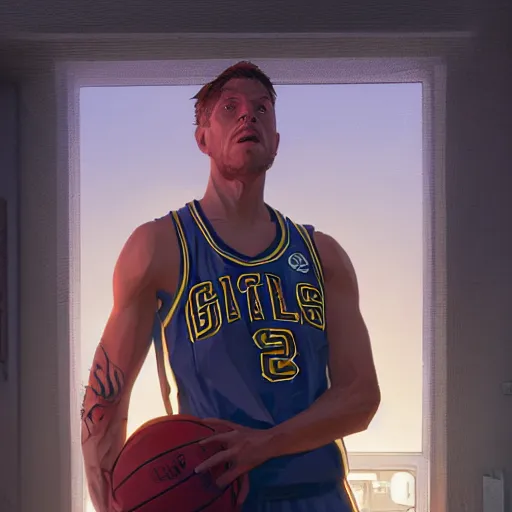 Image similar to highly detailed basketball player, in gta v, stephen bliss, unreal engine, fantasy art by greg rutkowski, loish, rhads, ferdinand knab, makoto shinkai and lois van baarle, ilya kuvshinov, rossdraws, tom bagshaw, global illumination, radiant light, detailed and intricate environment