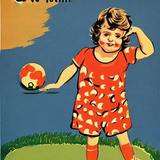 Image similar to a child playing with a ball, advertising illustrations from the 4 0's and 5 0's,