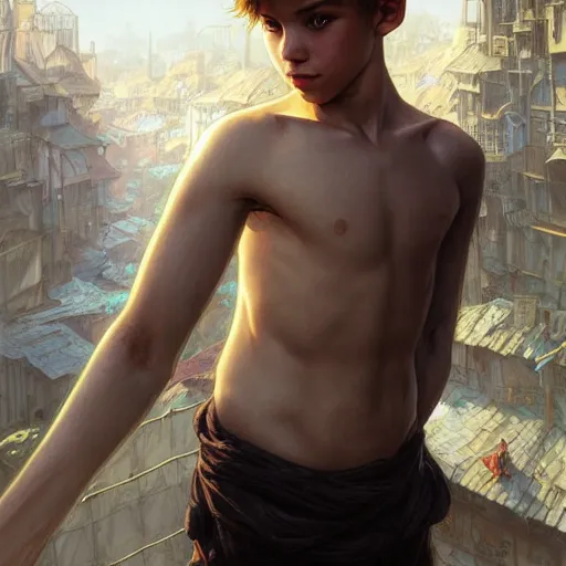 Prompt: portrait of a young boy thief in the slums of a fantasy city, dirty blonde hair, d & d, fantasy, joyful smirk, intricate, elegant, highly detailed, digital painting, artstation, concept art, matte, sharp focus, illustration, art by artgerm and greg rutkowski and alphonse mucha