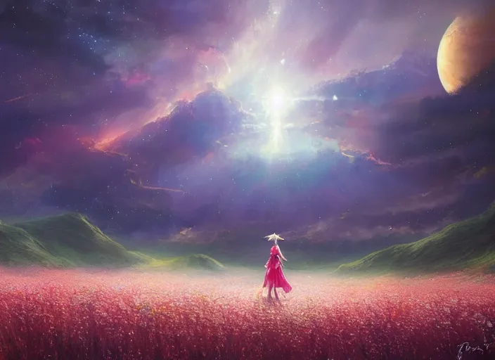 Image similar to a lone princess walks through a vast flower field in the cosmic sky by guweiz and peder mørk mønsted