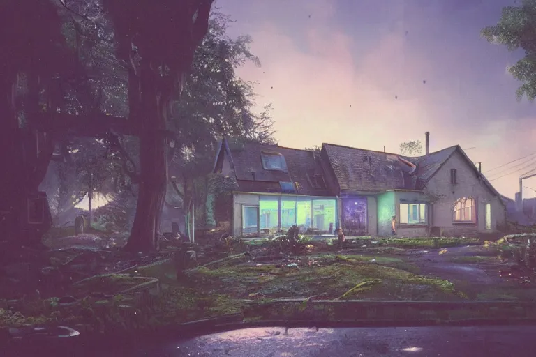 Prompt: cyberpunk, an estate agent listing external photo of a 5 bedroom detached house in the countryside, by Paul Lehr, highly detailed, photorealistic, 8k, anamorphic, cinestill cinematrography