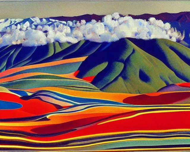 Image similar to A wild, insane, modernist landscape painting. Wild energy patterns rippling in all directions. Curves, organic, zig-zags. Saturated color. Mountains. Clouds. Rushing water. Wayne Thiebaud.