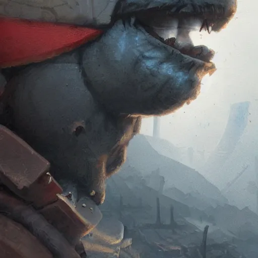 Prompt: A apocalyptic Mario(From mario), Illustration, By Greg Rutkowski,close up,highly detailed