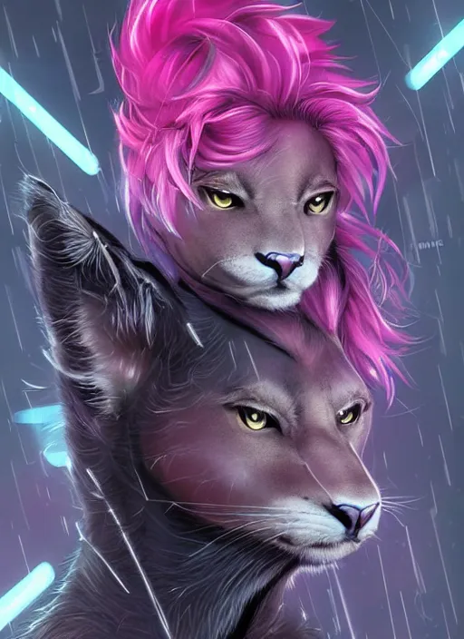 Image similar to award winning beautiful portrait commission of a male furry anthro puma fursona with a tail and a cute beautiful attractive detailed furry face wearing stylish black and pink cyberpunk clothes in a cyberpunk city at night while it rains. Character design by charlie bowater, ross tran, artgerm, and makoto shinkai, detailed, inked, western comic book art