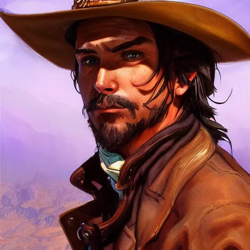 Prompt: wild west character portrait of McCree, Cassidy, from Overwatch, intricate, wild, highly detailed, digital painting, artstation, upper body, concept art, smooth, sharp focus, illustration, art by artgerm and greg rutkowski and alphonse mucha