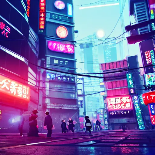 Image similar to market in japan, cyberpunk style, big mecha - bot in center of field on first plan, bright neon signs, sunny weather, octane render, 3 d render, hard surface, trending on artstation, featured on pixiv, hyper - detailed, hd, hdr, 4 k, 8 k