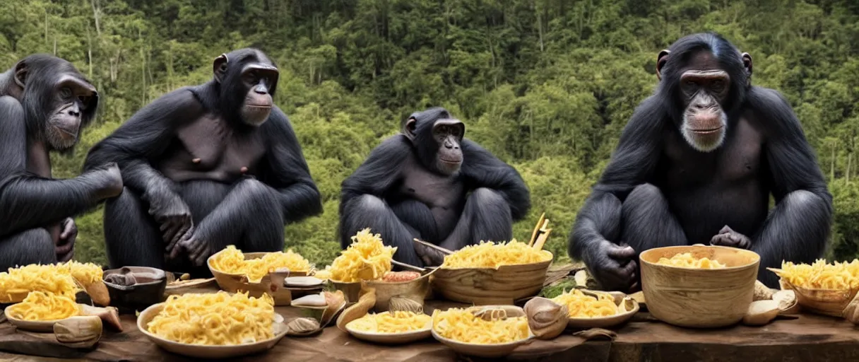 Prompt: Atmospheric still from BIG MONKEY MOUNTAIN (2022) depicting the chimpanzees meeting with the Macaroni and Cheese King