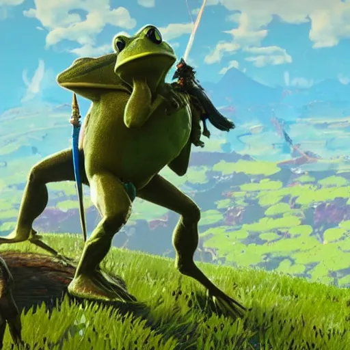 Image similar to a warrior frog riding a gigantic riding a gigantic fly in breath of the wild