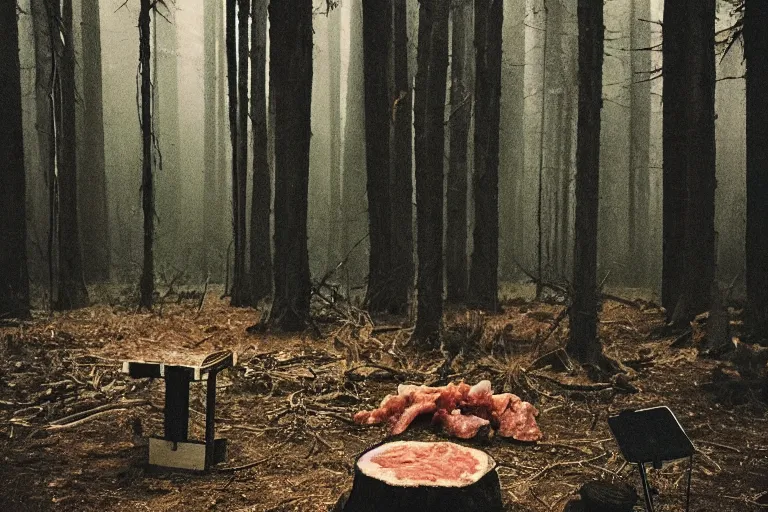 Prompt: terrible dark forest in the depths of which there is a thick butcher in a dirty shirt, chopping meat on a wooden stump, filmed hidden on a phone camera, Cinematic, wildlife photography, 35mm, photo on iphone