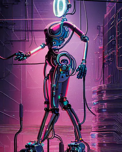 Prompt: robotic bunny woman with mechanical cables and wiring, electrical sparks, cyberpunk futuretech art, by WLOP and dan mumford