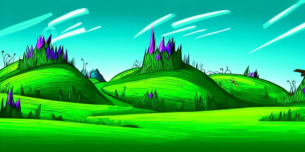 Prompt: night cartoon cartoon concept art, grass mountain landscape, from sam and max, black blue green, spiral lines, pastel colors