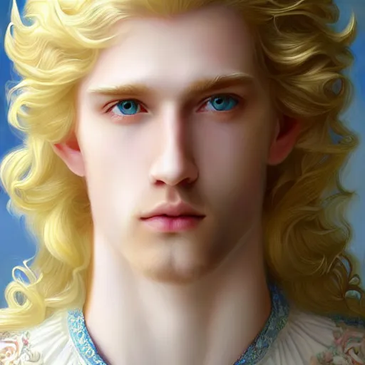 Image similar to Portrait of magical blond prince, very very very very pale white skin, long curly blond hair, dreamy and ethereal, pastel blue eyes, peaceful expression, ornate frilly regal shirt, fantasy, intricate, elegant, dynamic lighting, highly detailed, digital painting, artstation, concept art, smooth, sharp focus, illustration, art by artgerm and greg rutkowski and alphonse mucha