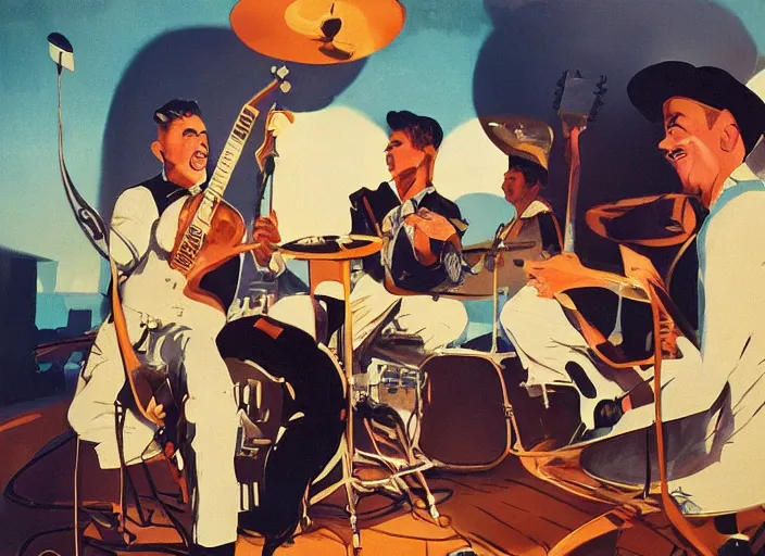 Prompt: rockabilly band 1950s, high detail, golden hour, 8K, by syd mead