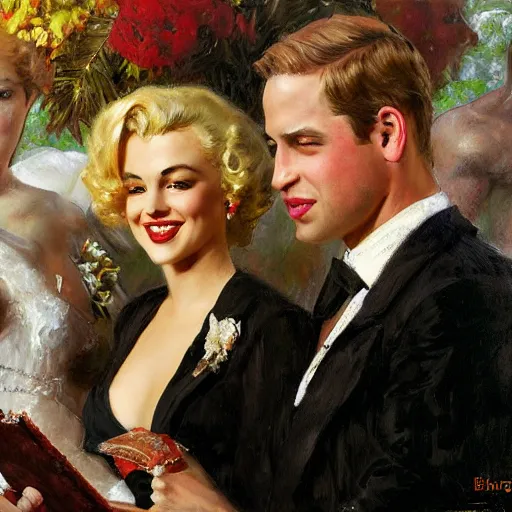 Prompt: detailed painting of prince william marrying attractive marilyn monroe, highly detailed painting by gaston bussiere, craig mullins, j. c. leyendecker 8 k, smiling couple, royal painting