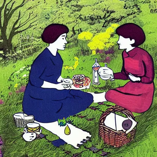 Prompt: delia derbyshire and daphne oram are having a picnic in a beautiful garden. folk horror art style