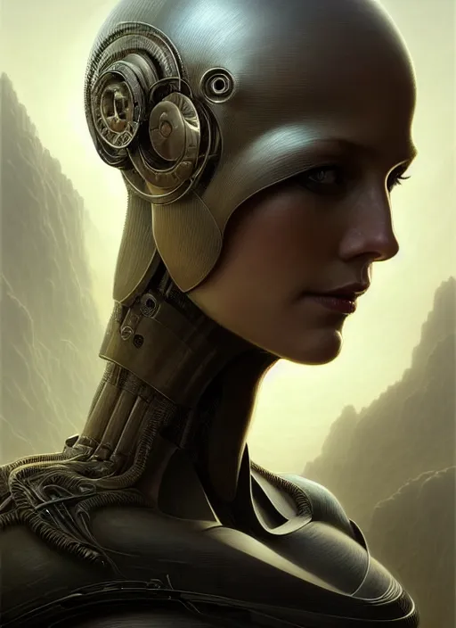 Image similar to closeup portrait shot of a female android in a scenic dystopian environment, intricate, elegant, highly detailed, centered, digital painting, artstation, concept art, smooth, sharp focus, illustration, artgerm, tomasz alen kopera, peter mohrbacher, donato giancola, joseph christian leyendecker, wlop, boris vallejo