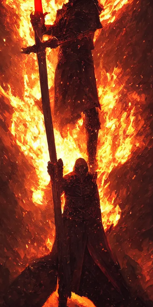 Image similar to stannis baratheon, artstation, flaming sword, high detail, dramatic lighting