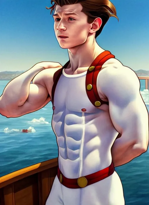 Image similar to muscular cute tom holland wearing white sailor outfit on a steam boat, natural lighting, path traced, highly detailed, high quality, digital painting, by don bluth and ross tran and studio ghibli and alphonse mucha, artgerm