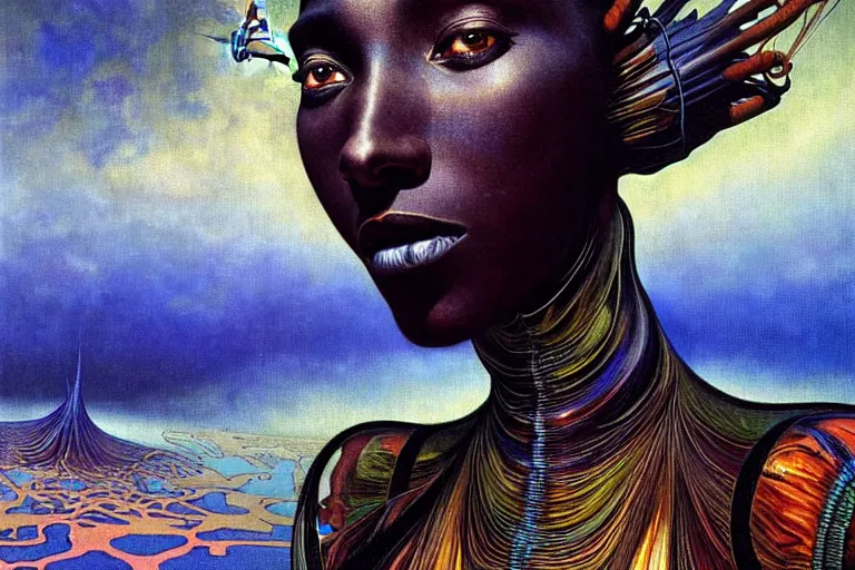 Image similar to realistic extremely detailed closeup portrait painting of a beautiful black woman wearing futuristic dress, dystopian landscape with a mutant dragon on background by Jean Delville, Amano, Yves Tanguy, Alphonse Mucha, Ernst Haeckel, Edward Robert Hughes, Roger Dean, rich moody colours