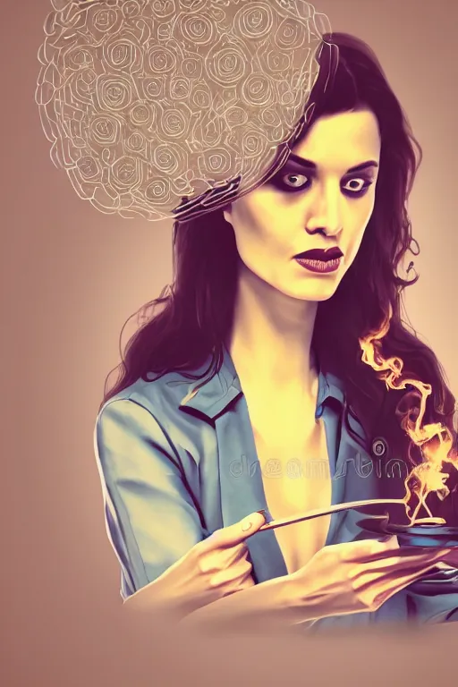 Image similar to mentalist woman making magic, highly detailed, matte, sharp focus, smooth, sharp focus, illustration