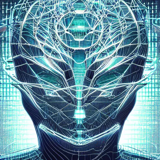 Image similar to an insanely detailed cibernetic artwork of a futuristic artificial intelligence superstar, centered image, perfectly symmetrical alien face, with frames made of detailed fractals, octsne render, 4k, insanely detailed, detailed grid as background, cgi