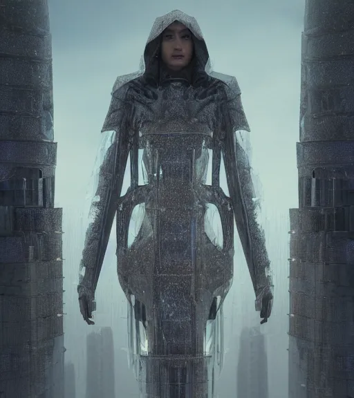 Image similar to andrei tarkovsky greatest scene, epic tower of babylon destroyed, ethereal, ancient, a majestic woman in a futuristic cyber clothing, transparent puffer jacket, hyperrealistic, blockchain, cyber world, ambient lighting, concept art, intricate sky, hyper - detailed, smooth, dynamic volumetric lighting, octane render, ray tracing, cinematic, high quality, cgsociety