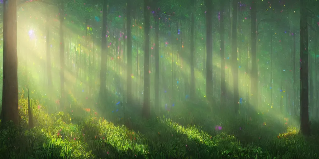 Image similar to A thick forest covered in tiny bright colorful specks of light covers the landscape, Trending on artstation.