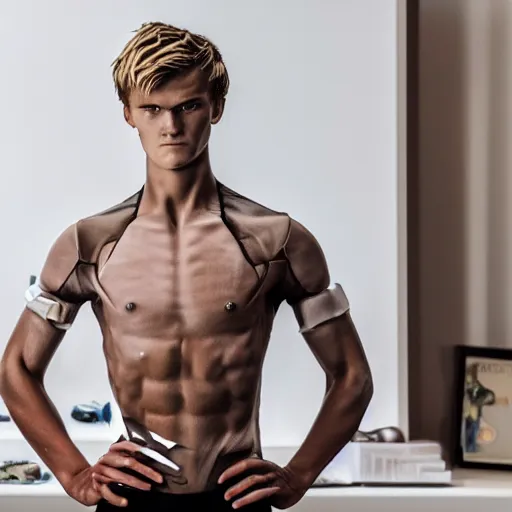 Image similar to a realistic detailed photo of a guy who is an attractive humanoid who is half robot and half humanoid, who is a male android, soccer player martin ødegaard, shiny skin, posing like a statue, blank stare, in a living room, on display, showing off his muscles