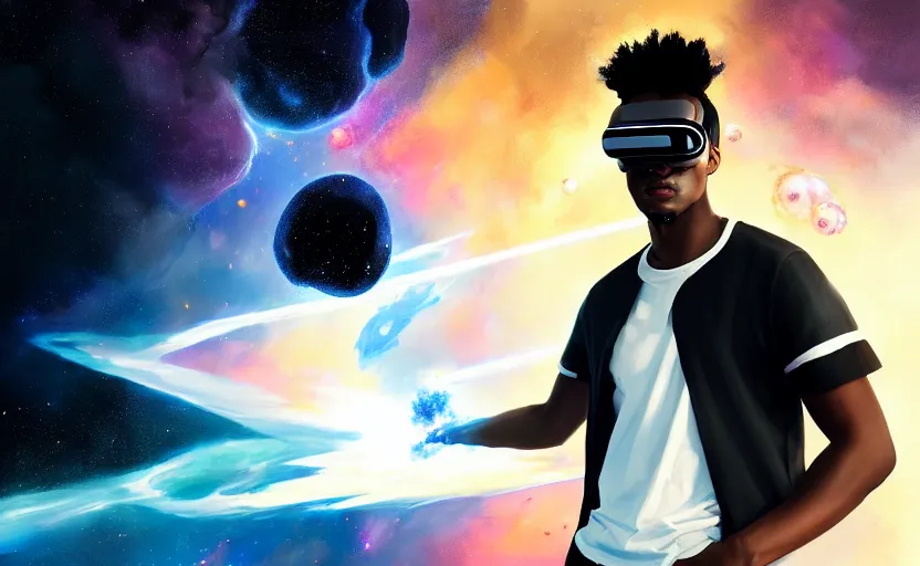 Prompt: handsome black genius hacking the metaverse, vr headset, white t - shirt and jordans, flying through spacetime, exploding nebulae, highly detailed, digital painting, artstation, concept art, smooth, sharp focus, illustration, art by wlop, mars ravelo and greg rutkowski