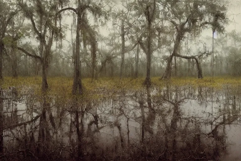 Image similar to scene from louisiana swamps, farm, big oak, pentagram, voodoo, artwork by tim eitel