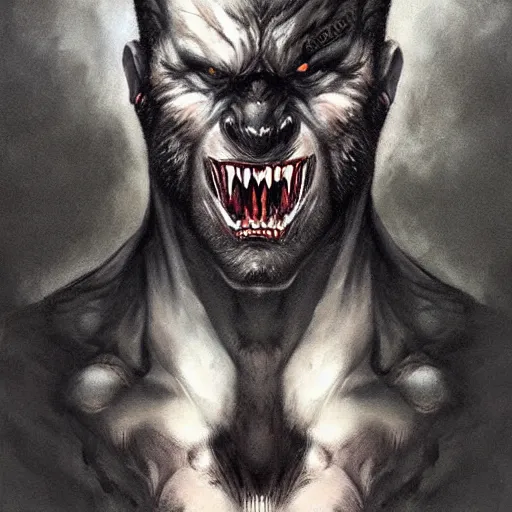 Prompt: werewolf lycanthrope monster makeup grinning grimpunk vile reprobate jason statham portrait portrait Wolfman Wolfman Fenrir with tombow jonas de ro odd nerdrum greg rutkowski frank frazetta alexandre briclot Dave Dorman splatterpaint