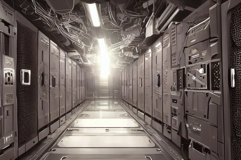 Prompt: parallax datacenter server room interior single mono colossus brown rusty robosaurus cyborg artstation cinematic detailed concept art sharp coherent cgsociety symmetric perfect well balanced shadows lotr supercomputer starwars