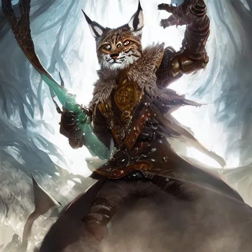 Image similar to Lynx, Anthropomorphized, casting epic spell, magic the gathering artwork, D&D, fantasy, cinematic lighting, centered, symmetrical, highly detailed, digital painting, artstation, concept art, smooth, sharp focus, illustration, volumetric lighting, epic Composition, 8k, art by Akihiko Yoshida and Greg Rutkowski and Craig Mullins, heroic pose, oil painting, cgsociety, magic lab background