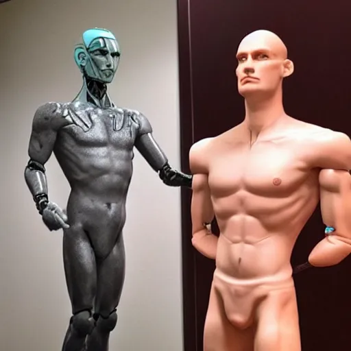 Image similar to “a realistic detailed photo of a guy who is an attractive humanoid who is half robot and half humanoid, who is a male android, Coach Shawn Flaherty, shiny skin, posing like a statue, blank stare, different eye colors, on display, sparks coming out from his body”