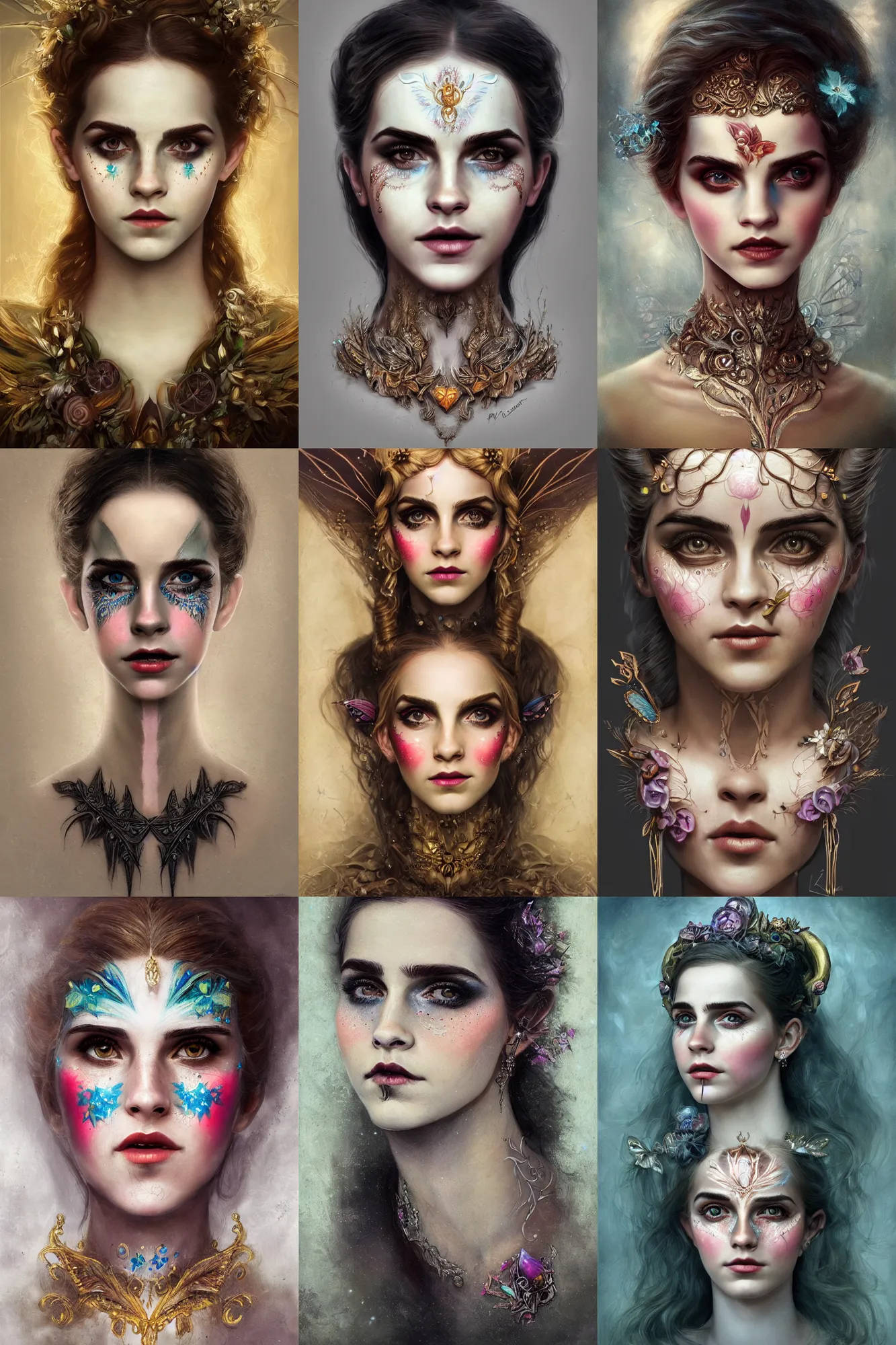 Prompt: portrait of suprised fairy with her mouth wide open, symmetric, facepaint facepaint facepaint, intricate jewelry, trending on artstation 4 k, in the style of karol bak and tom bagshaw, bust with face of emma watson