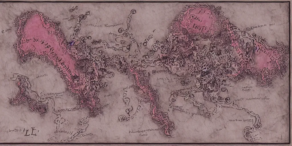 Prompt: a detailed map of dante's inferno map of hell by somnium - maris from deviantart, style of c. w. scott - gilles, soft pink glow, dramatic lighting