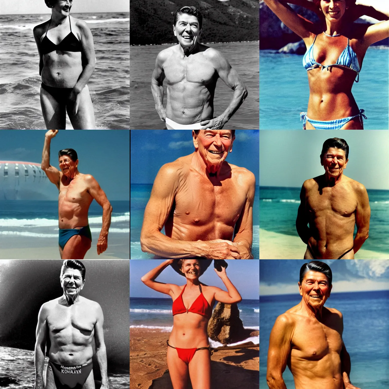 Prompt: Ronald Reagan wearing a bikini, nuclear explosion