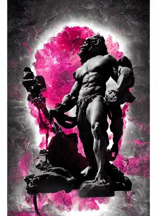 Image similar to dark design poster showing a statue of hercules, black background with very subtle red and purple design elements, powerful, nekro, guido crepax, graphic design, collage art, dark, glitch art, neo vaporwave, gritty, layout frame, square, trending on artstation