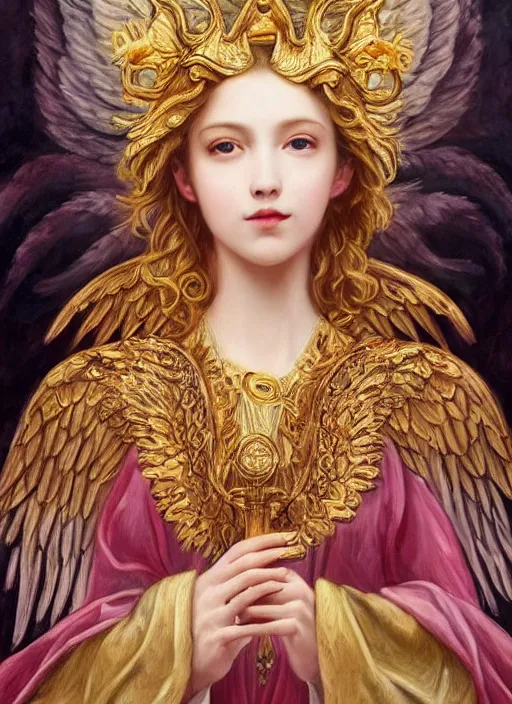 Image similar to full body oil painting of smoking wolf wearing pink shirt, in the style of sophie anderson, angel wings, angelic golden armor, dramatic painting, symmetrical composition, ornate, high detail, gold detailed collar, blooming, lights, flowers,