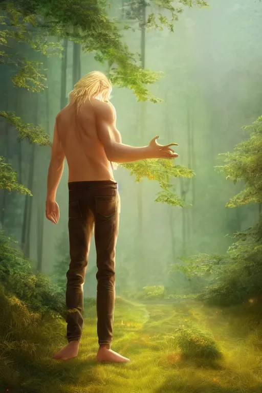 Prompt: pretty young man with long golden blond hair, hair made of gold, demure, slender, back view, lost, trees, detailed forest background, webtoon, breathtaking scenery, colourful, 8 k, graphic novel, digital art trending on artstation, volumetric lighting, octane render, cinematic, hyper detailed, magical atmosphere, magical forest