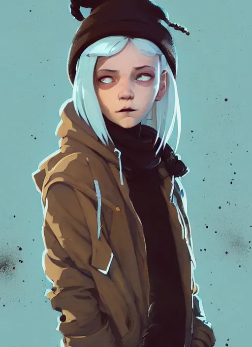 Image similar to highly detailed portrait of a sewer punk swedish young lady, hoodie, white hair by atey ghailan, by greg rutkowski, by greg tocchini, by james gilleard, by joe fenton, by kaethe butcher, gradient light blue, blonde, brown, cream and white color scheme, grunge aesthetic!!! ( ( graffiti tag wall background ) )