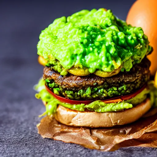 Image similar to juicy vegan hamburger topped with guacamole and crispy fried onion and a fried egg, crispy buns, 8 k resolution, professional food photography, studio lighting, sharp focus, hyper - detailed