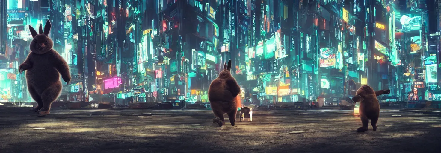 Image similar to photo big chungus roaming in a cyberpunk futuristic city