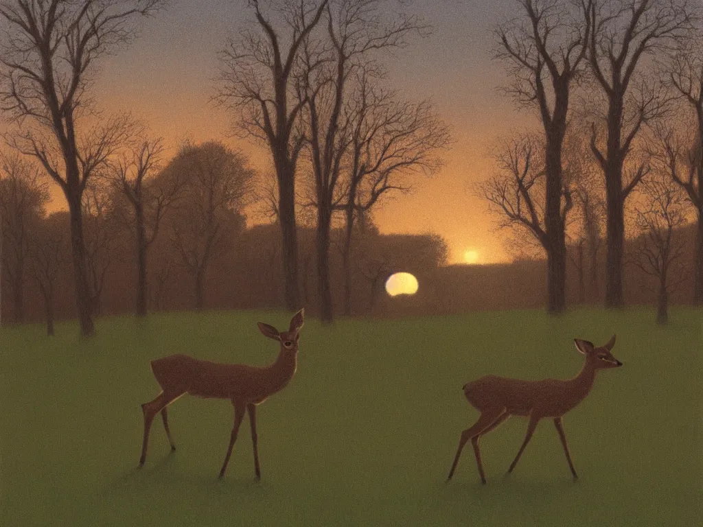 Image similar to a young deer on a suburban lawn at dusk, by quint buchholz and dean ellis