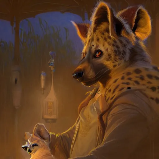 Image similar to a cinematic shot of a female hyena hyenawoman canine in wizard robes. zootopia fursona furaffinity furry art detailed face painting by gaston bussiere craig mullins jc leyendecker gustav klimt artgerm greg rutkowski furry