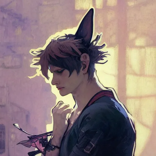 Image similar to Portrait of a pretty fantasy catboy with cat ears. Art by Greg Rutkowski and Alphonse Mucha