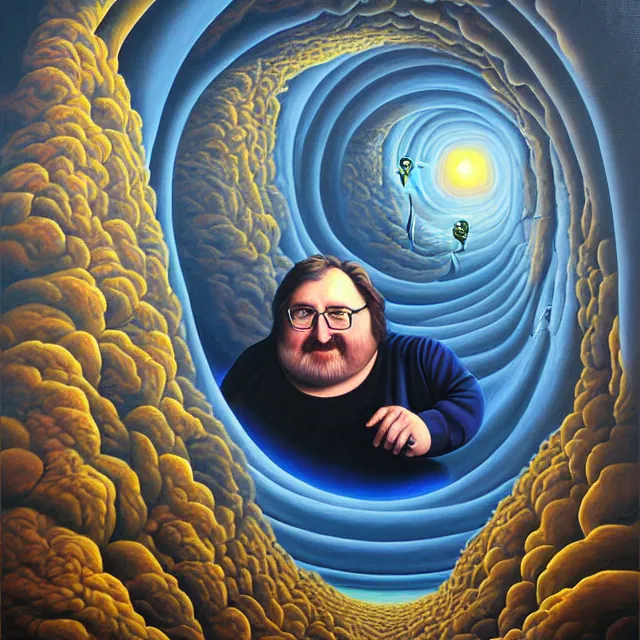 Image similar to an oil on canvas portrait painting of gabe newell, surrealism, surrealist, cosmic horror, rob gonsalves, high detail