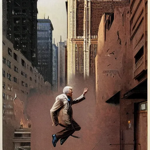 Prompt: immense, majestic, surreal, terrifying joe biden crushing buildings under his heel in streets of art deco city, perfectly clear face, by j. c. leyendecker and beksinski